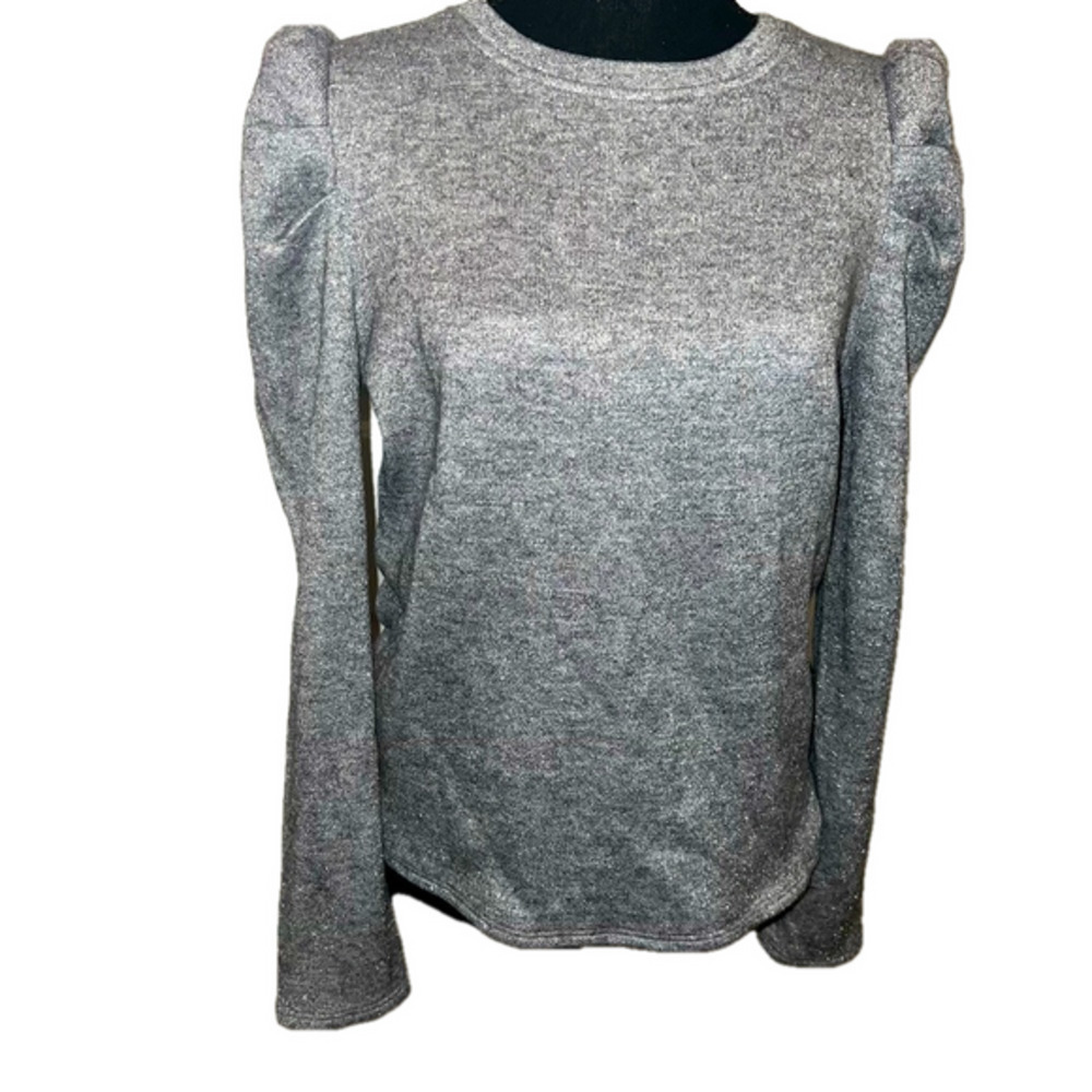 Les Serein Silver Metallic Puff Sleeve Gray Crew Neck Sweater Size Med & Large